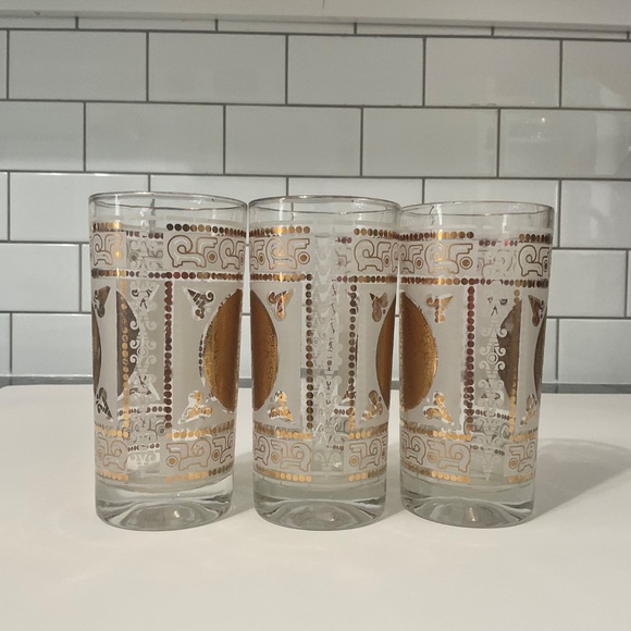 Set of 3 VTG Mid-Century Hazel Atlas Frosted Aztec Gold Medallion Highball Glass - Picture 3 of 7